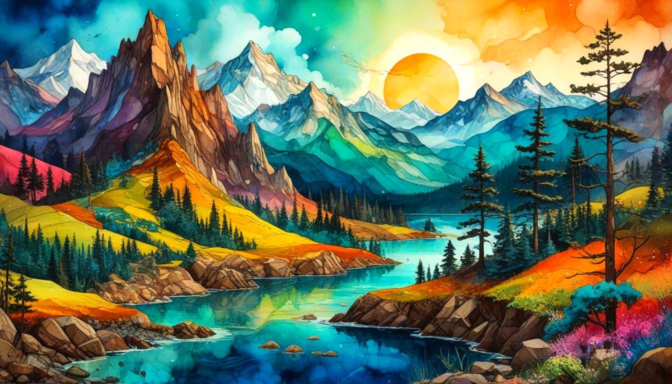 Abstract Magical Landscape in Alcohol Ink Style