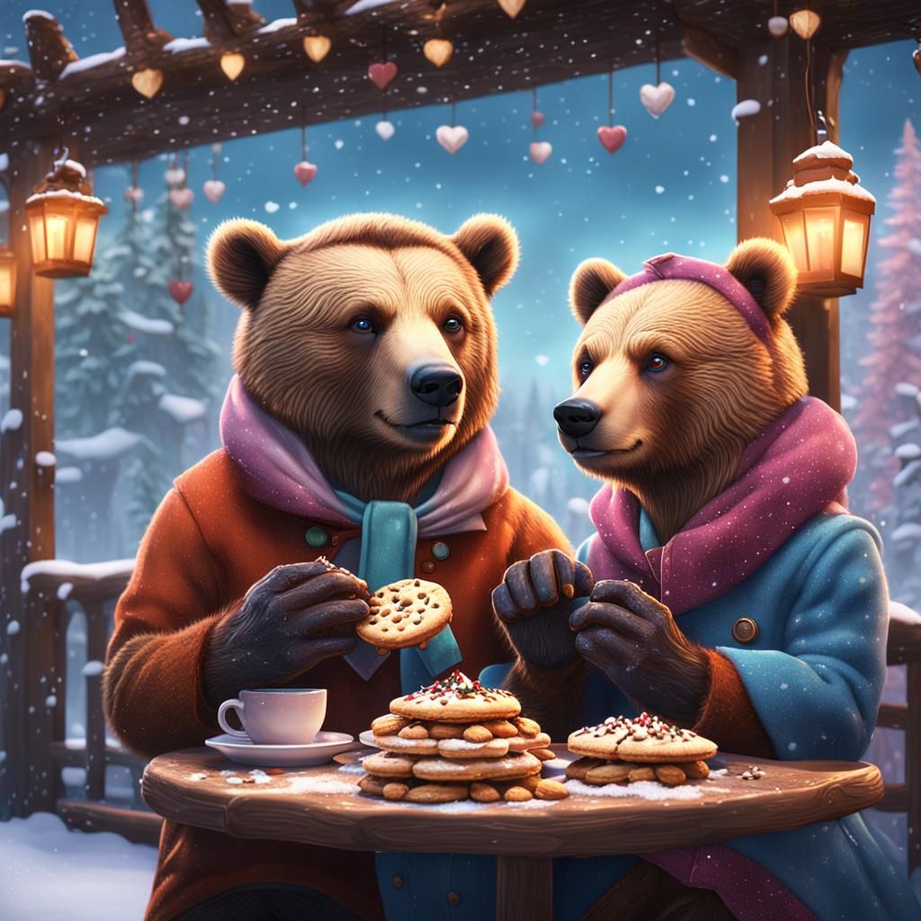Bears in Love: A Pastel Cafe Scene