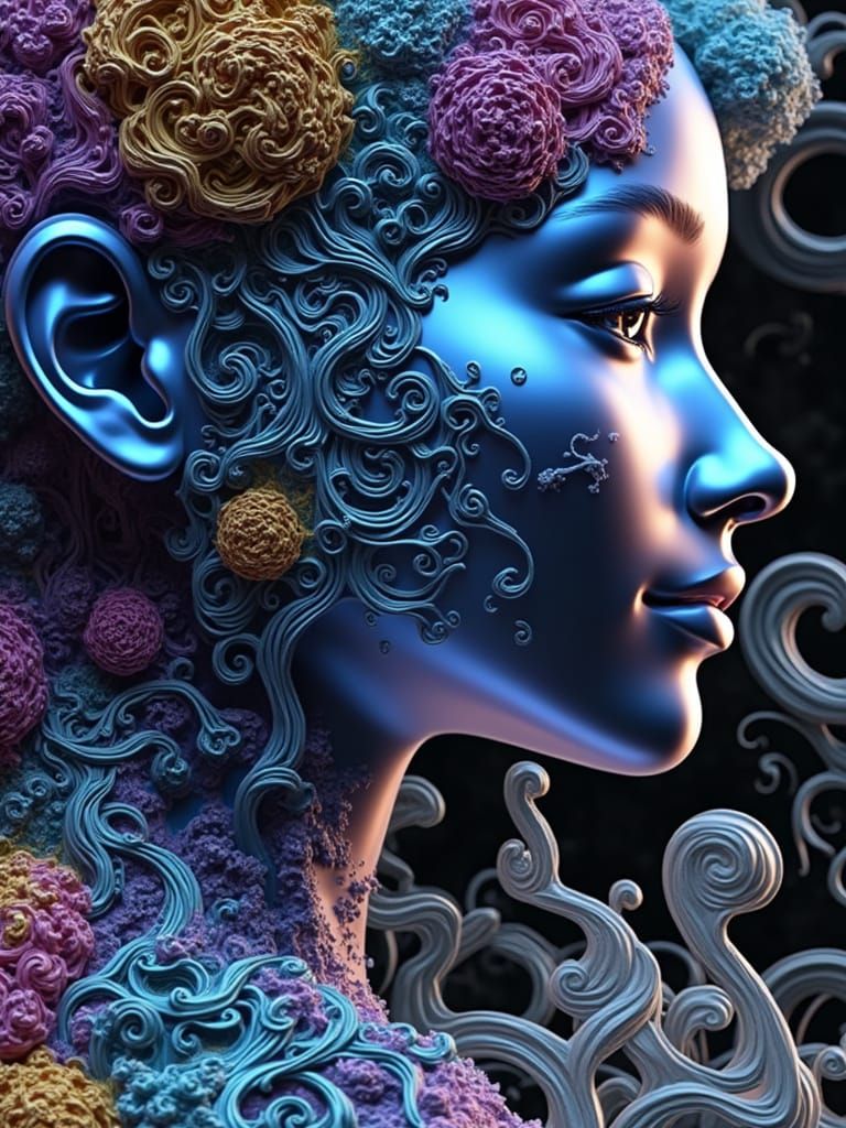 Lady with Silver Hair in Fractal Landscape