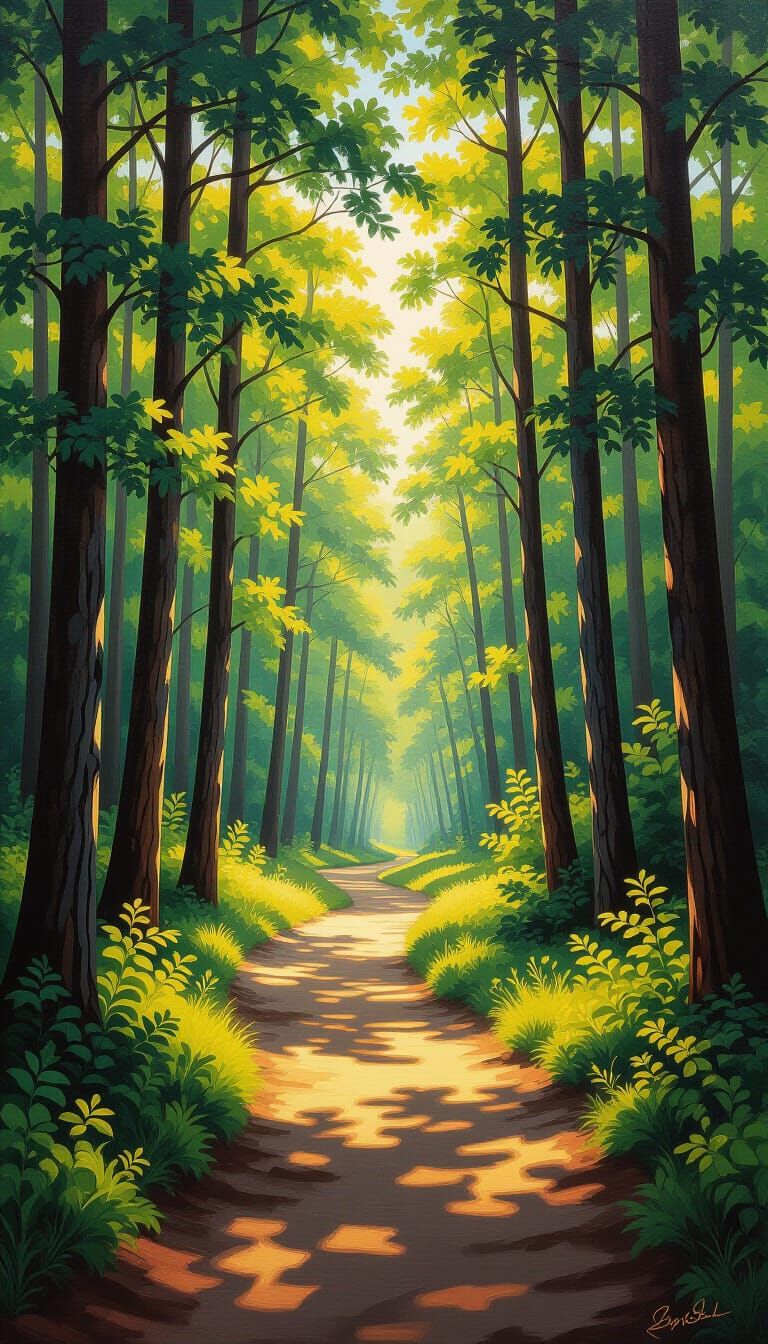 Hyper-Realistic Forest Path in Oil Painting Style