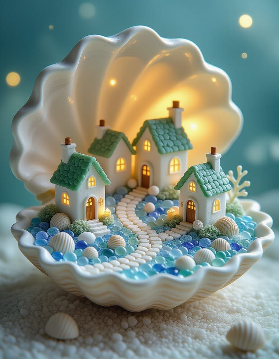 Enchanted Sea Glass Village Diorama in Seashell