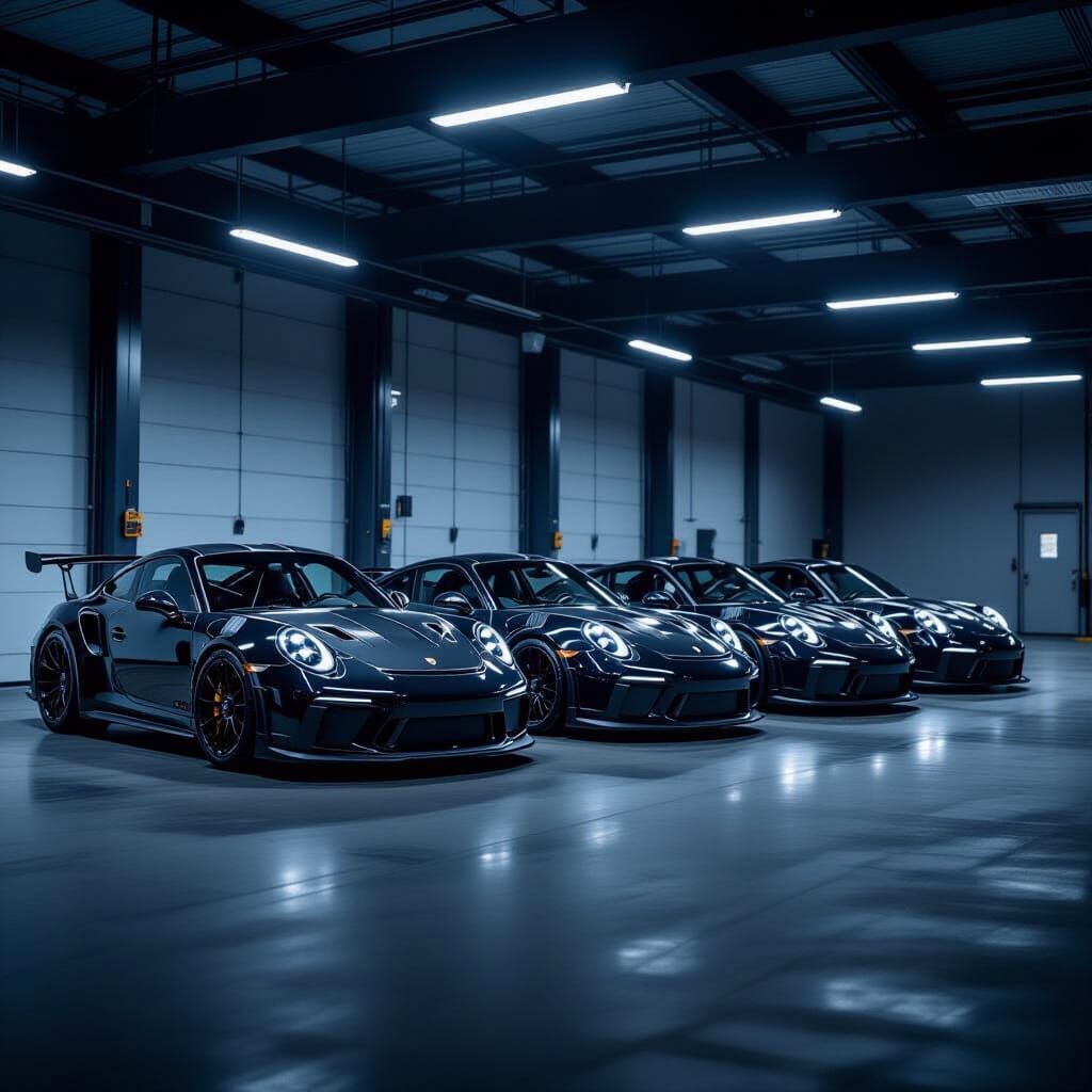Five Black Porsche 911 GT3 RS in Moody Garage