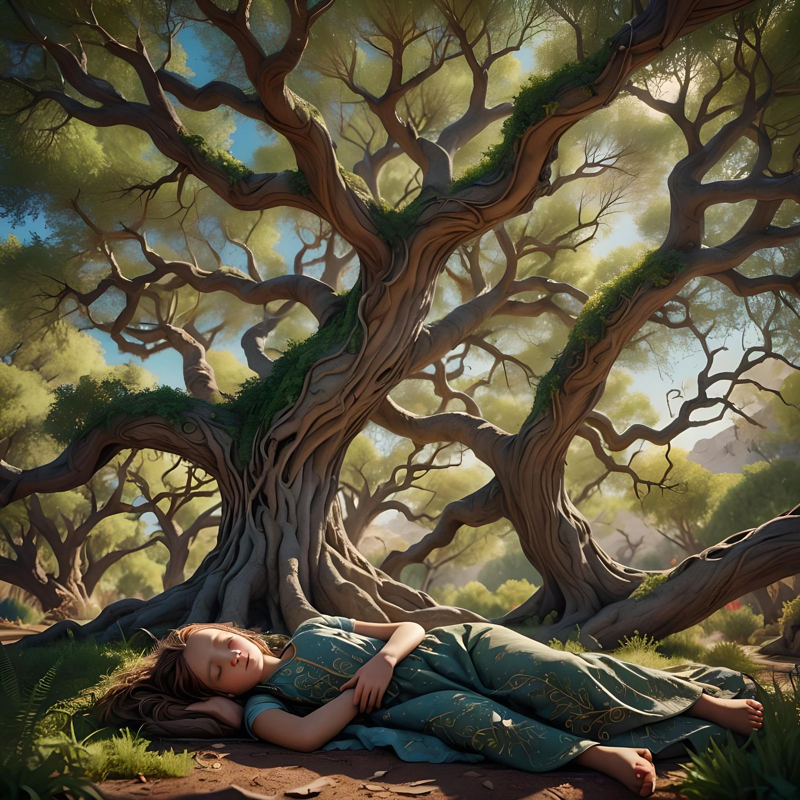 Girl Sleeping Under Mesquite Tree in Mystical Garden