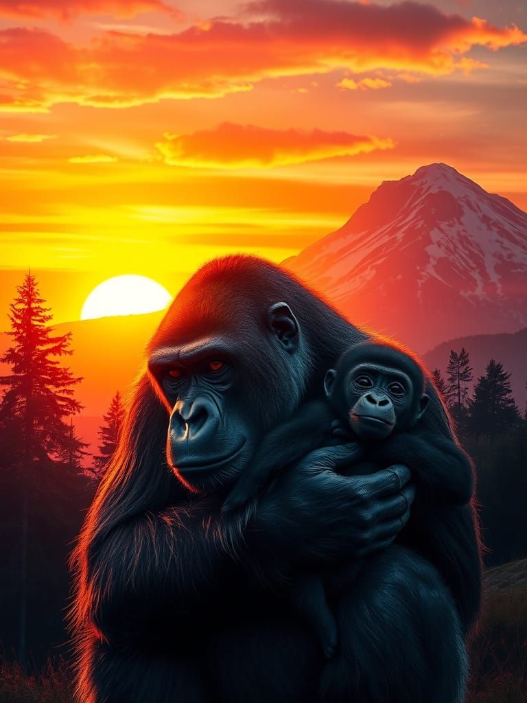 Gorilla with Baby at Sunset: Digital Art