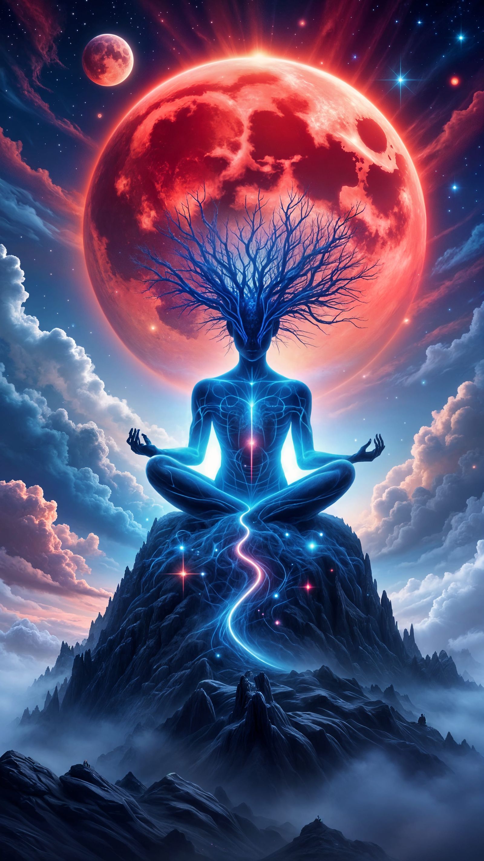 Surreal Cosmic Mistscape with Meditating Humanoid Figure