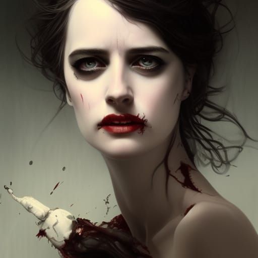 Eva green, bloody tears running down cheek, mischievous grin...