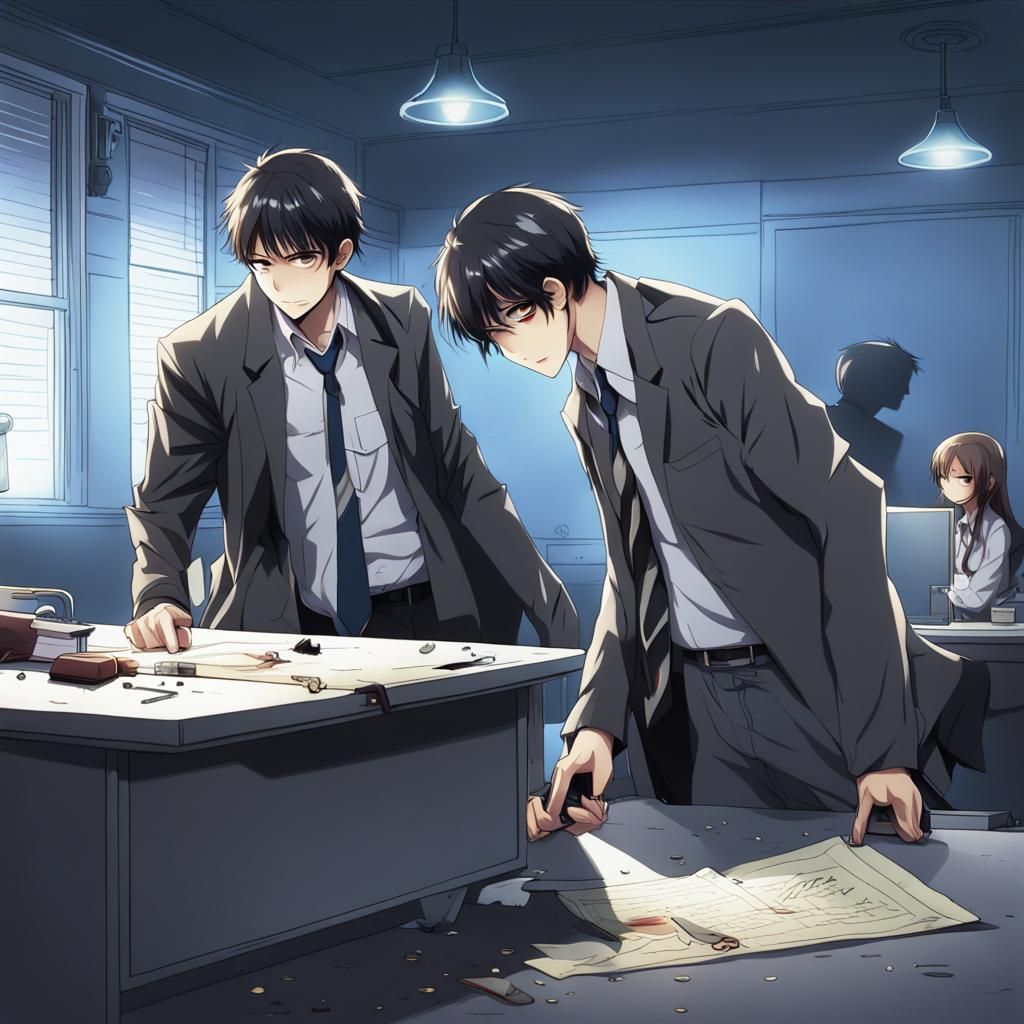 Anime-Style Detectives Investigate Crime Scene