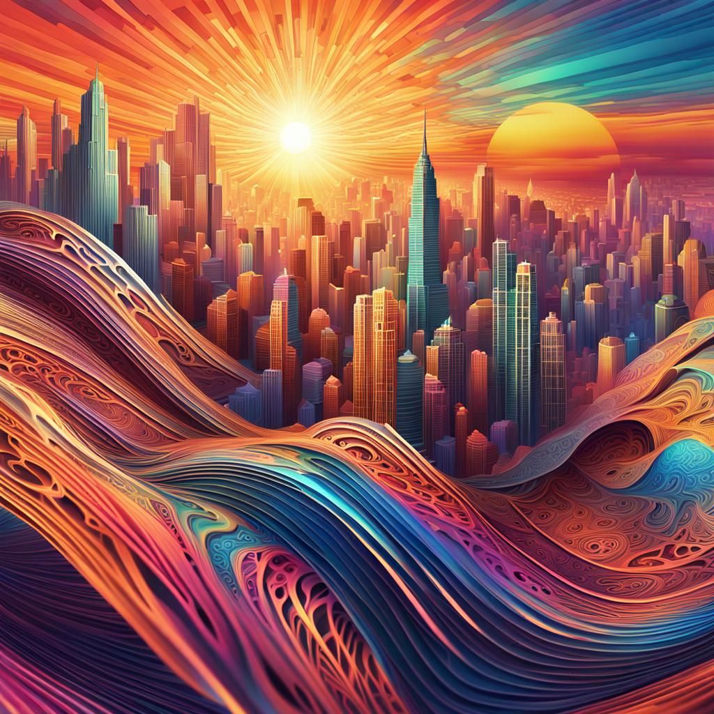 Colorful Sunset Cityscape in Abstract Fractal Style