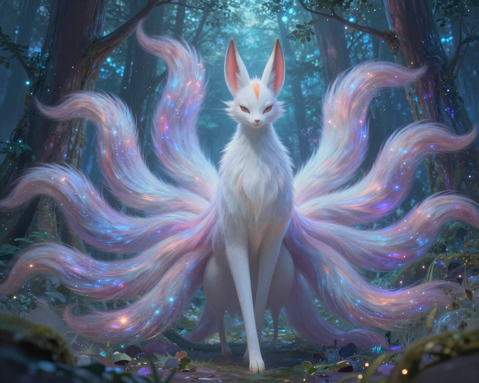 Ethereal Kitsune in Bioluminescent Forest
