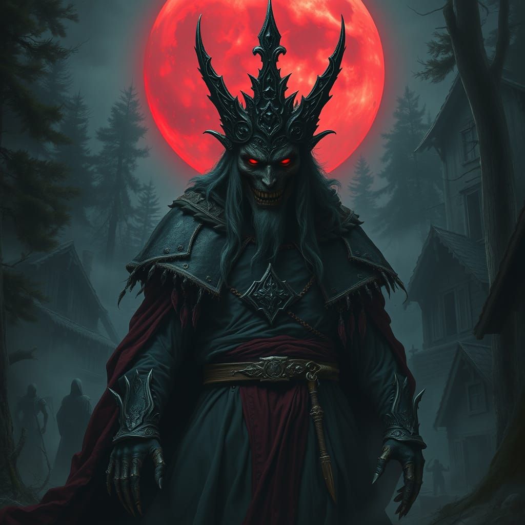 Hollow King Emerges Under Blood Moon in Gothic Horror Style