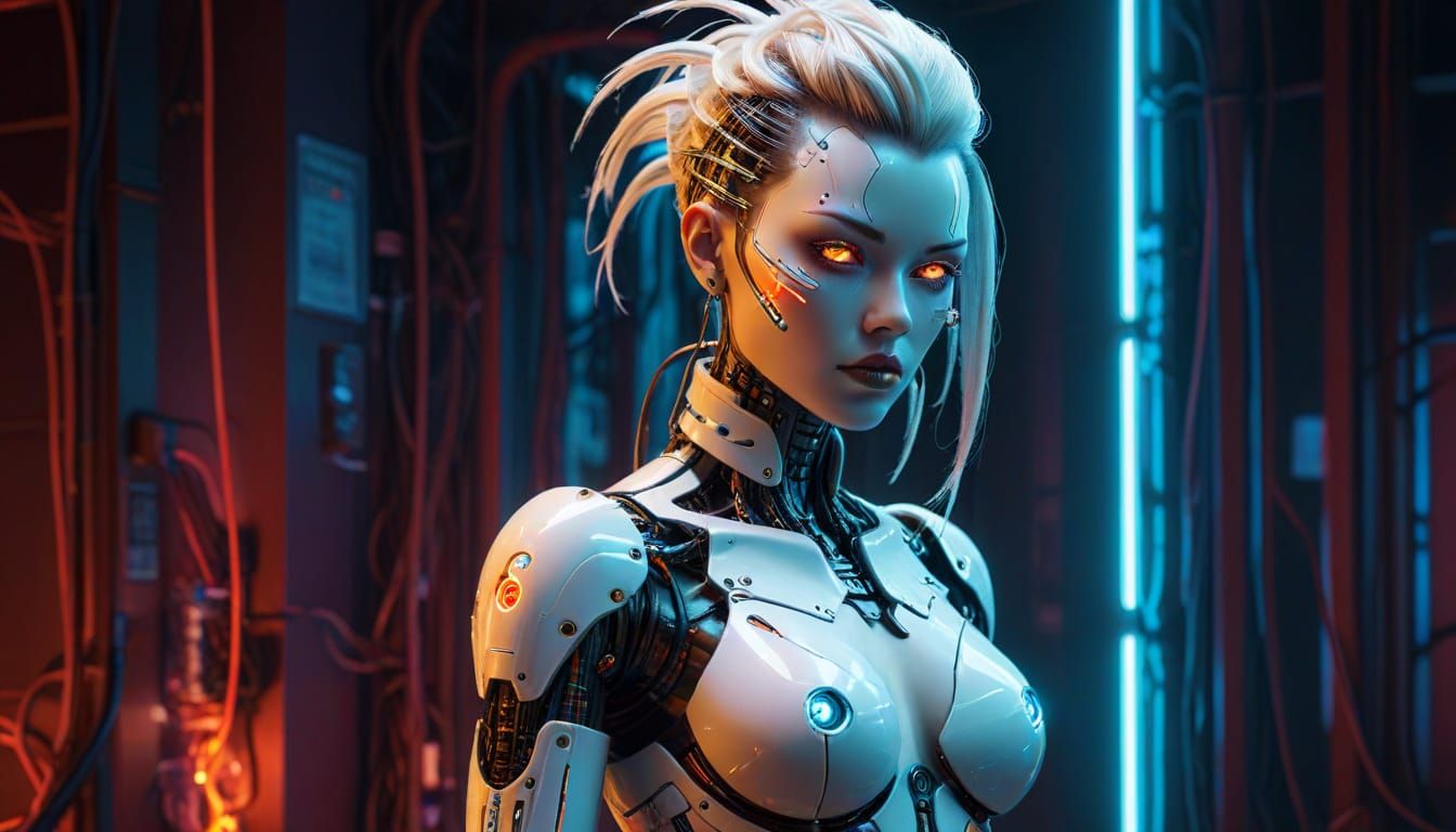 Cyberpunk Gynoid with Glowing Eyes and Mohawk