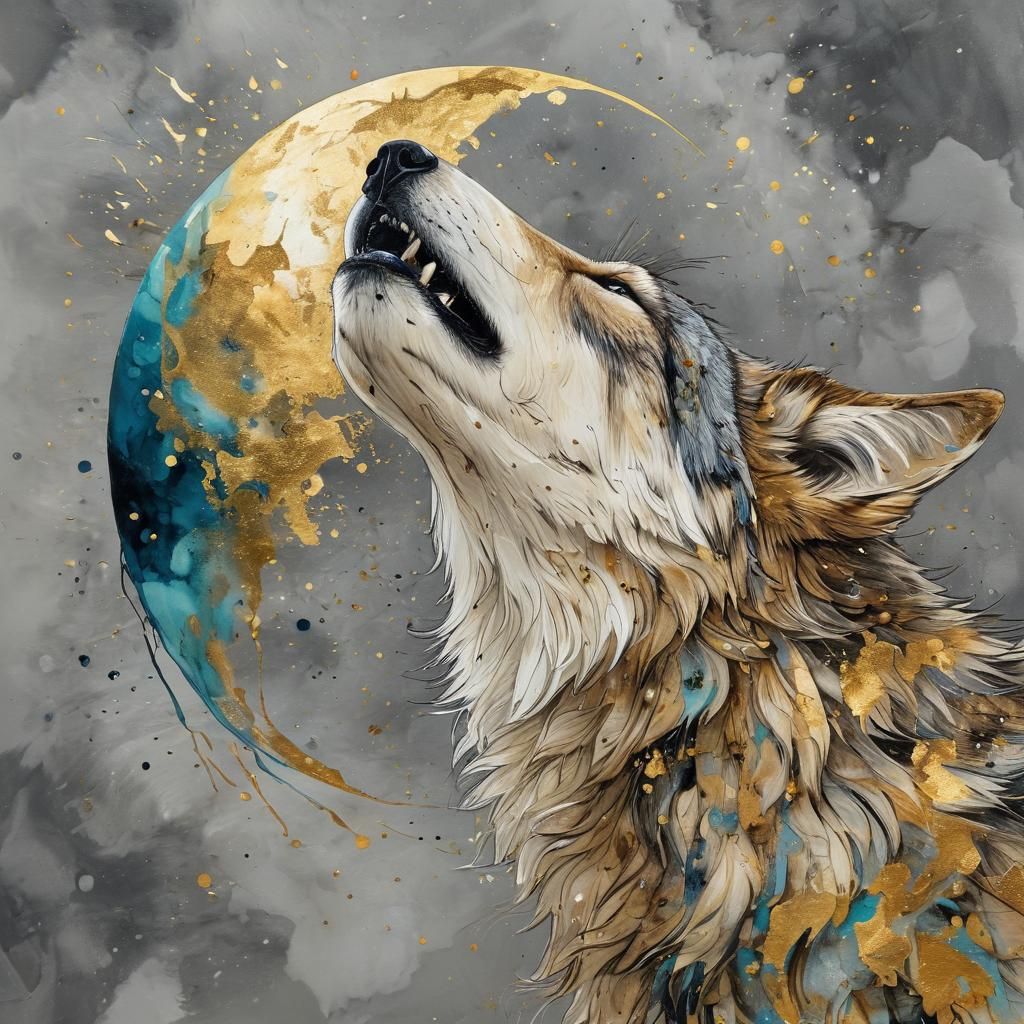 Wolf Howling at Moon in Alcohol Ink Marbling
