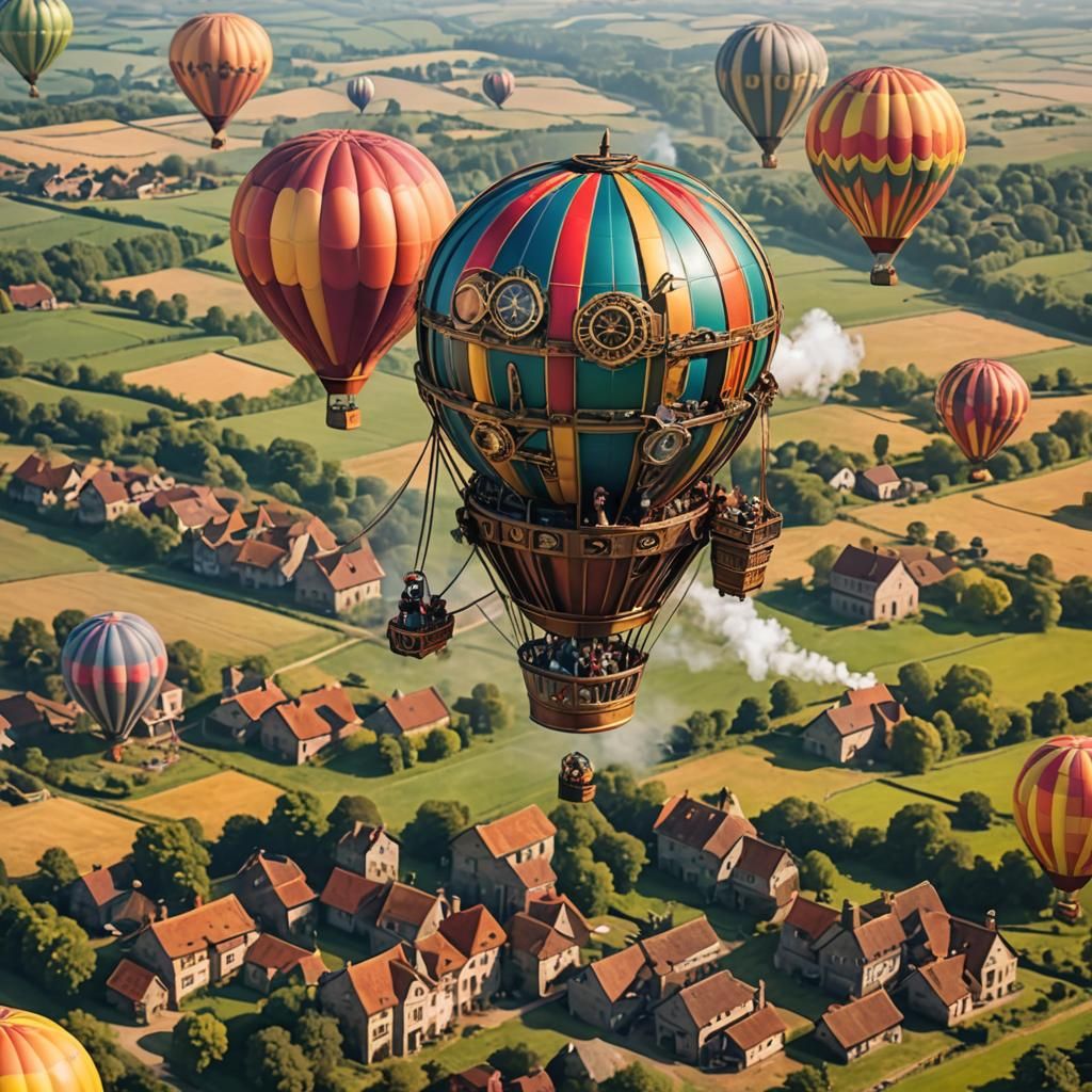 Steampunk Hot Air Balloon Over Countryside