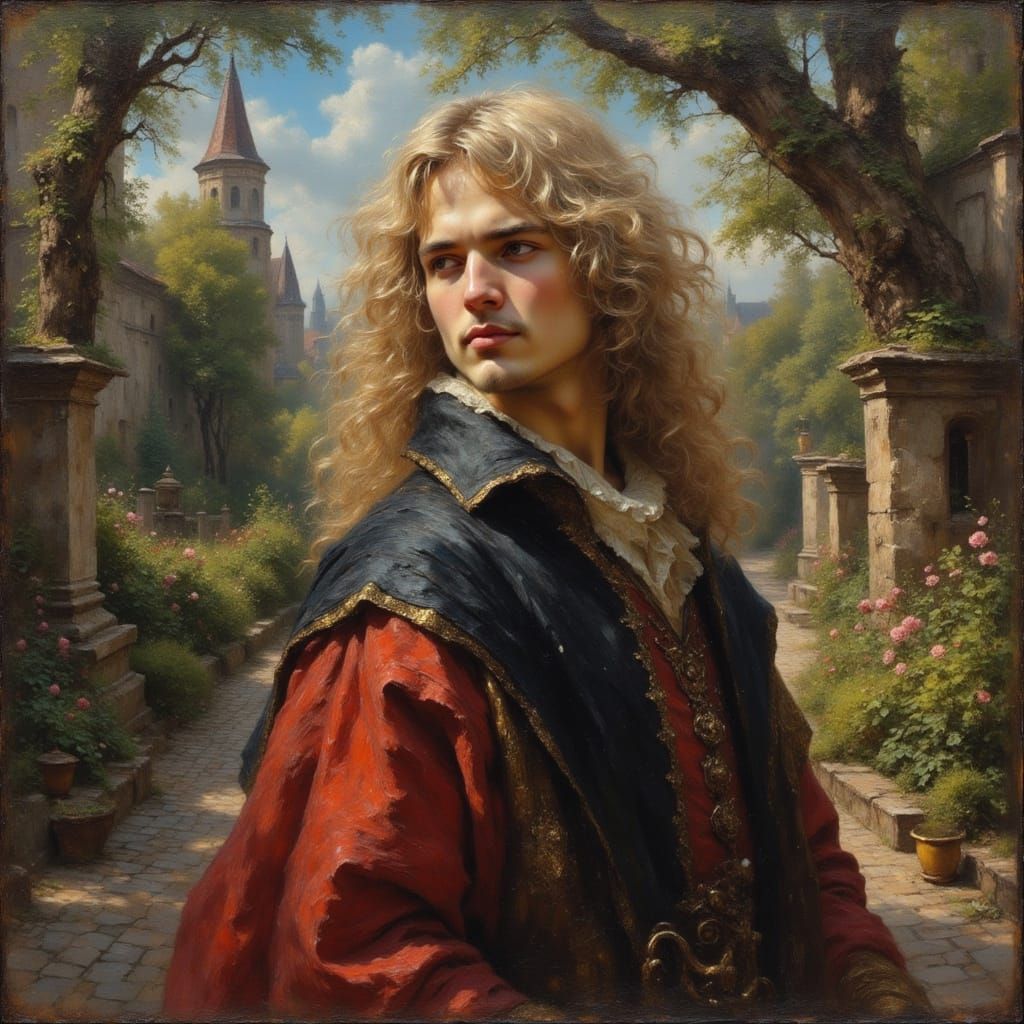 Renaissance Man in Lush Castle Garden as Oil Painting