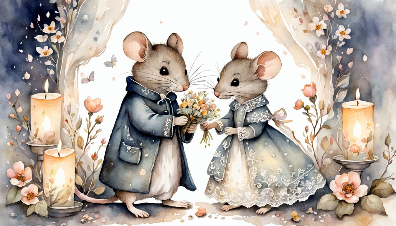 Romantic Mice Wedding in Watercolor Style