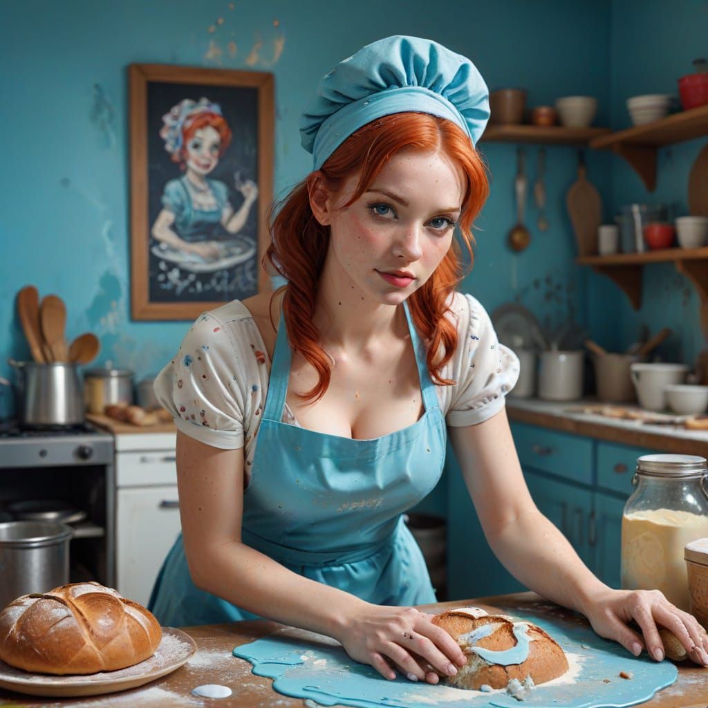 Redhead Baker Kneading Dough in Boudoir Photo