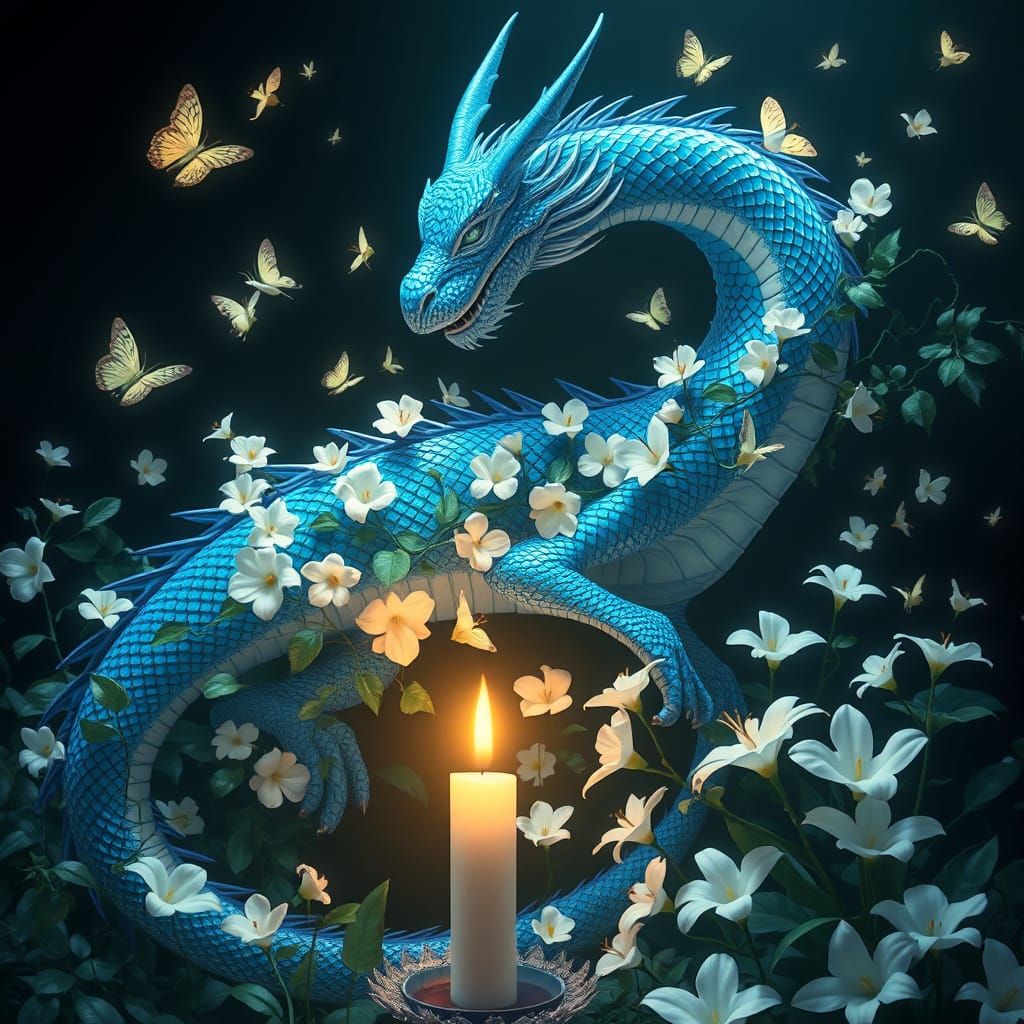 Ethereal Blue Dragon in Whimsical Landscape