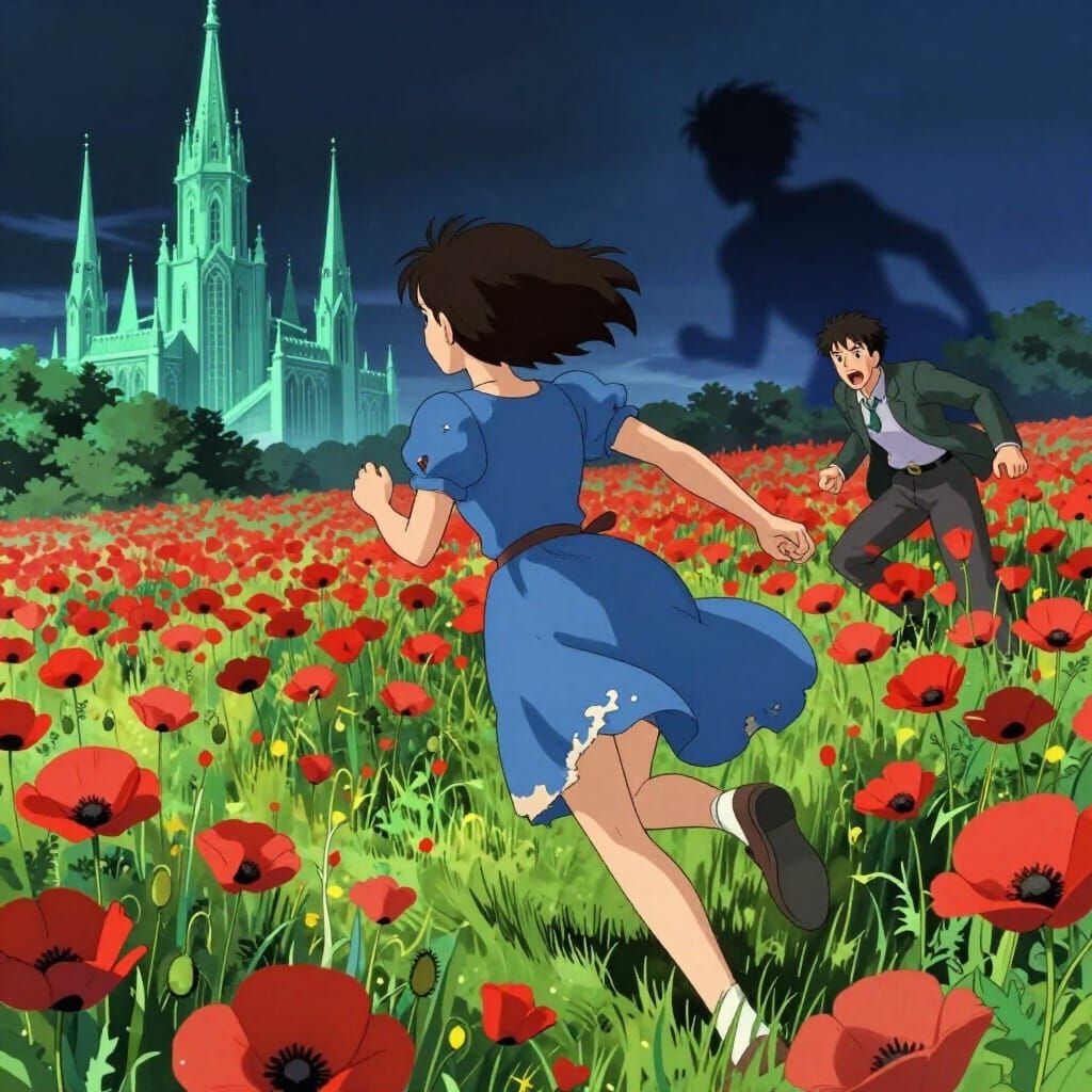 Manga Style Anime Art: Woman Flees Through Poppy Field to Em...