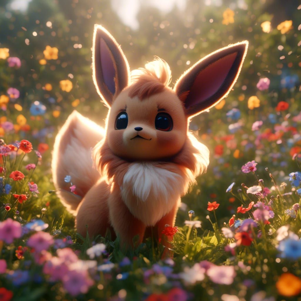 Eevee in Field of Flowers, Detailed Digital Art