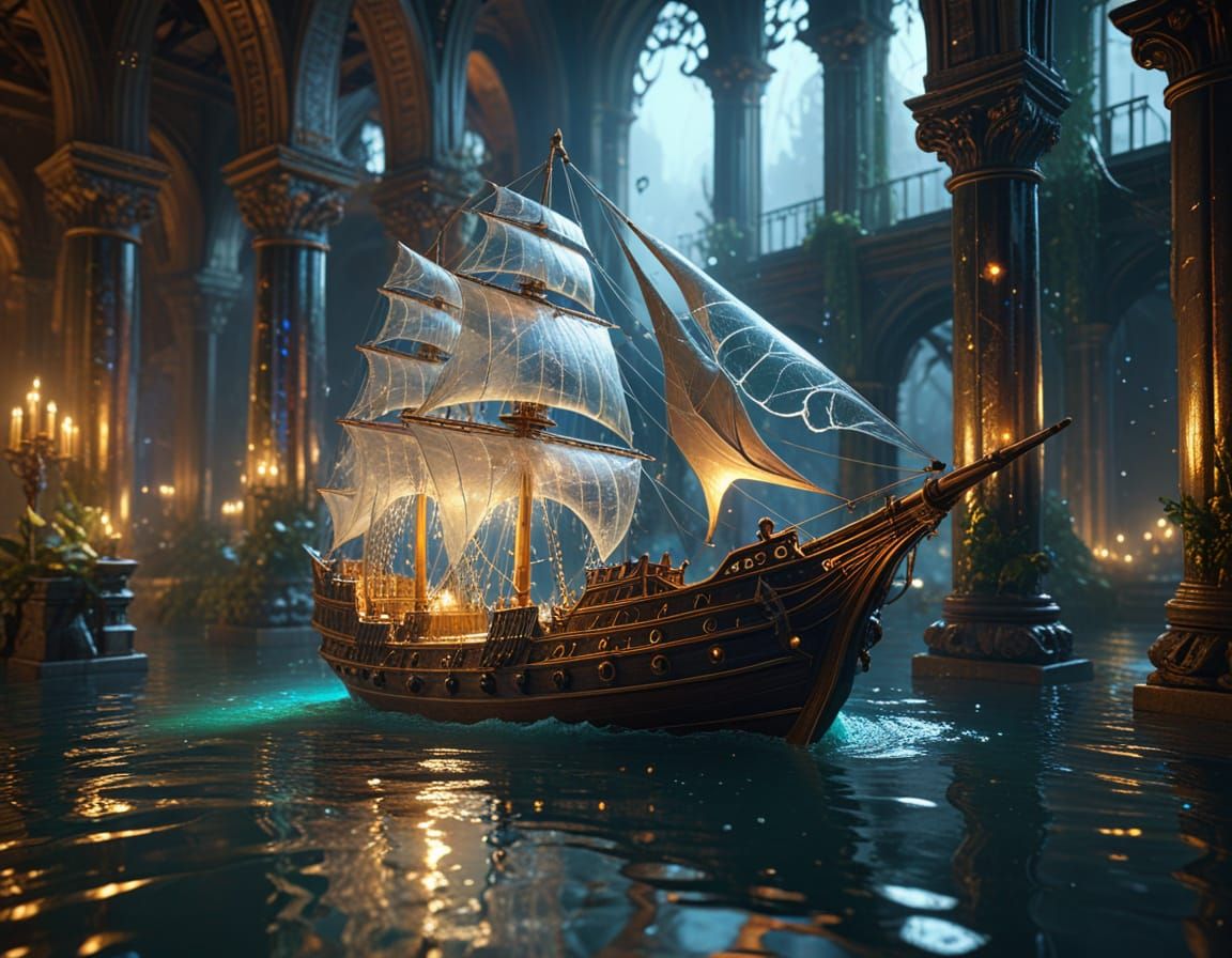 A mystical sailing-ship, with sails of cobweb, is sailing th...