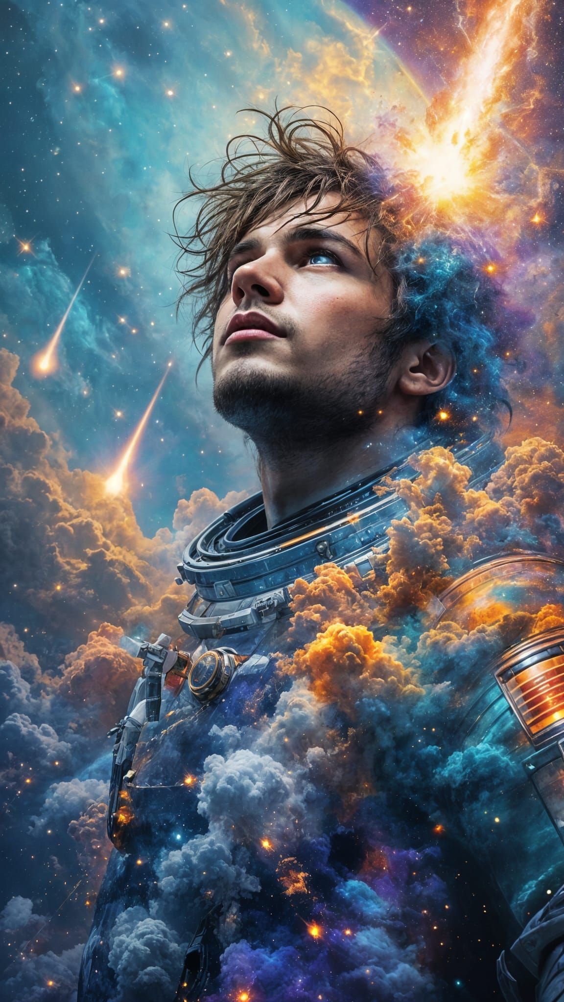 Cosmic Cosmonaut in a Nebula Landscape with Iridescent Strok...