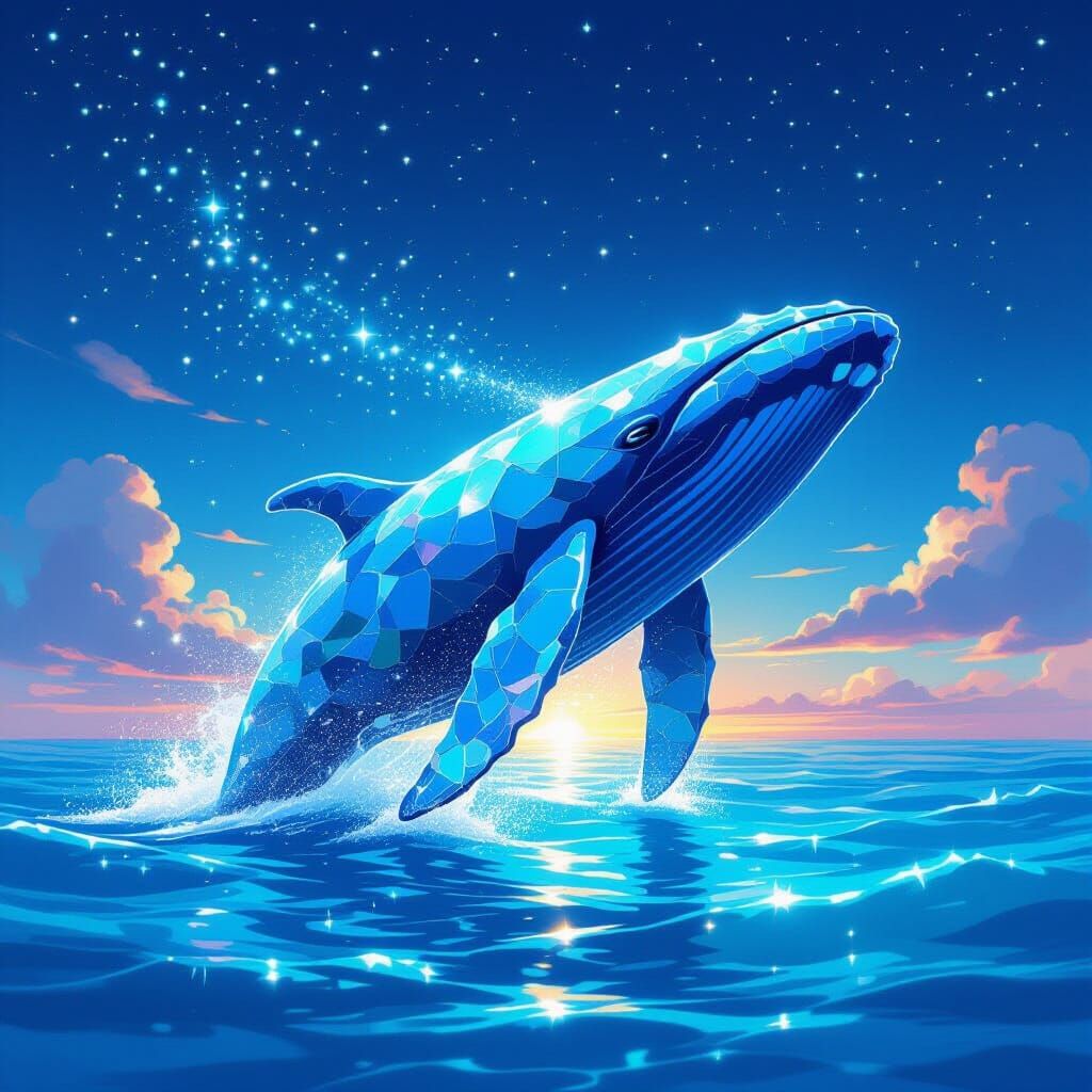 Sea Glass Whale Breaching in Twilight Ocean