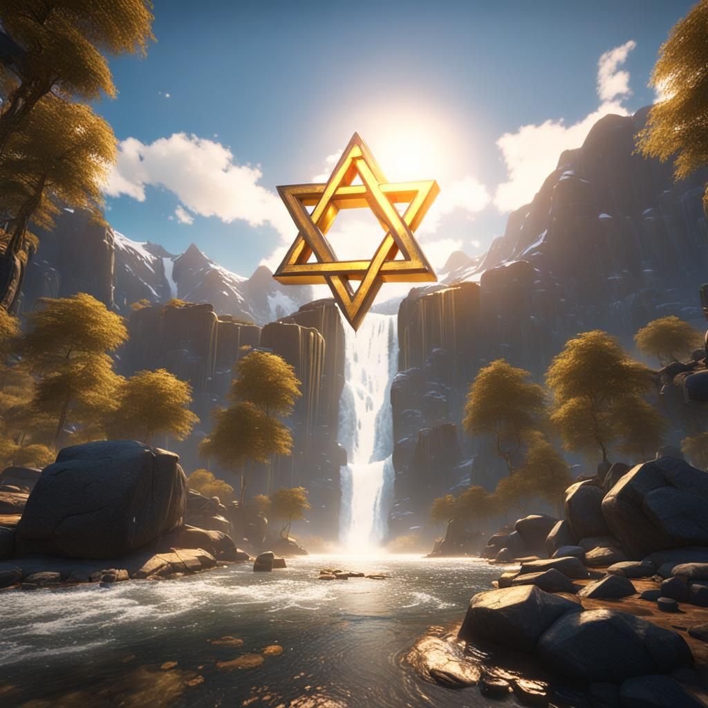Glowing Star of David Waterfall: 3D Game Cinematic