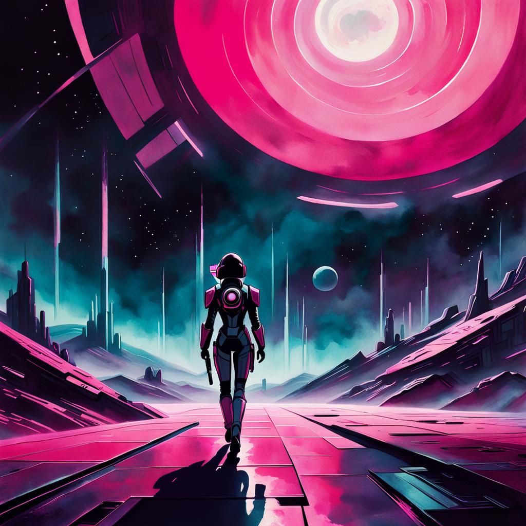 Spacewoman in Retro-Futuristic Pink Galaxy