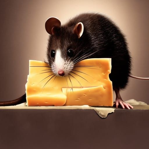 Anthropomorphic Rat Thief Stealing Cheese in Digital Paintin...
