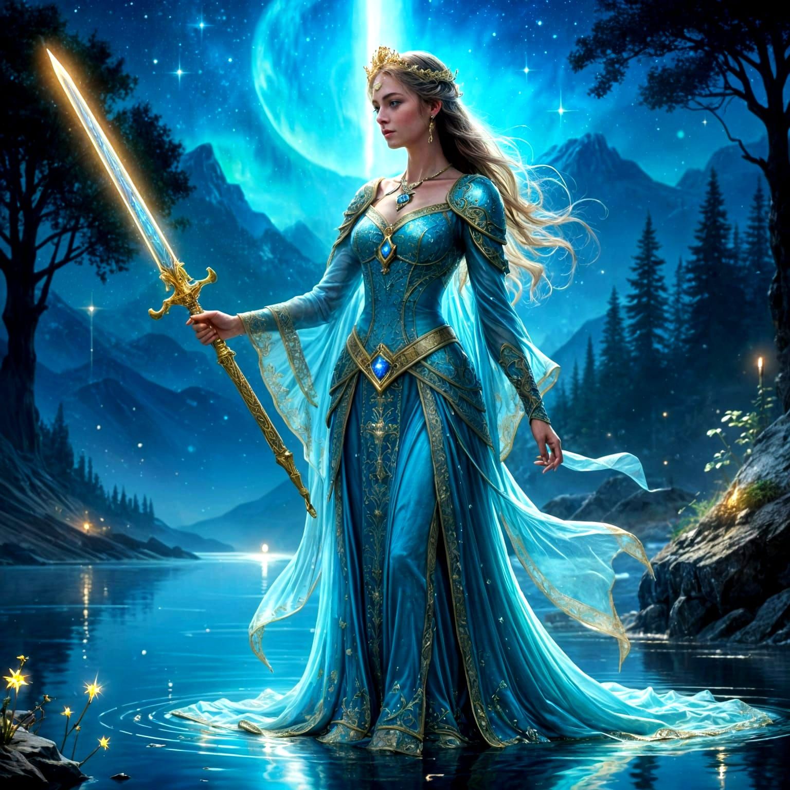 Ethereal Lady of the Lake with Excalibur Sword Shining Brigh...