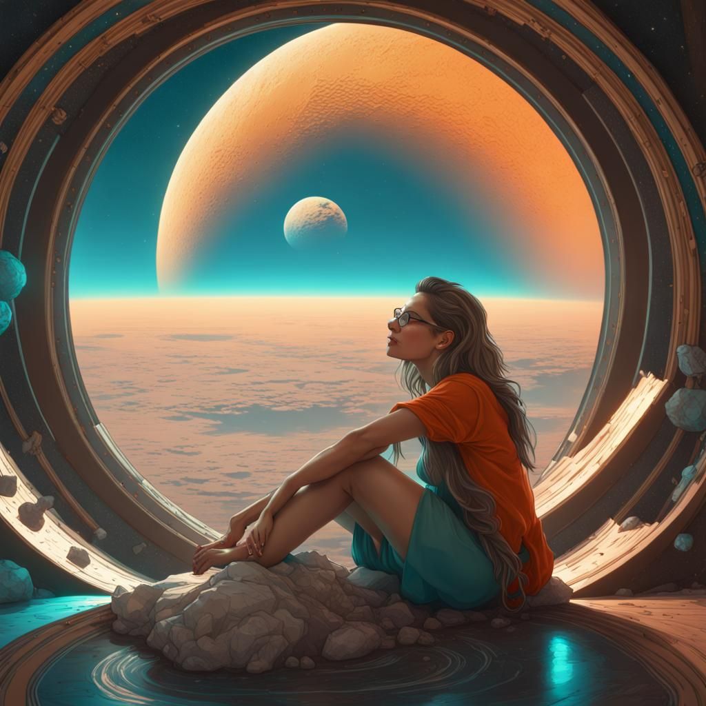 Woman on Moon Gazing at Earth: Digital Art