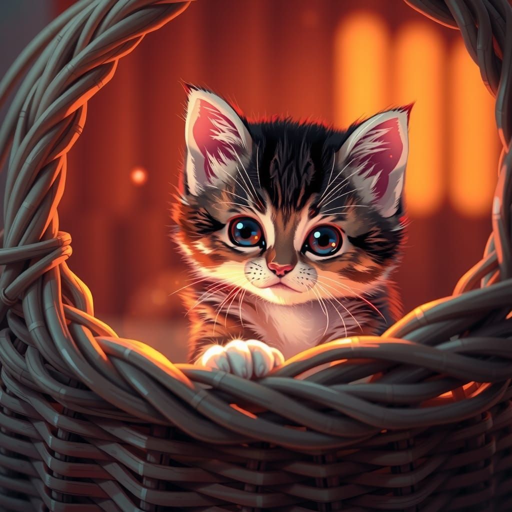 Kitten in Basket: Anime-Style Digital Art