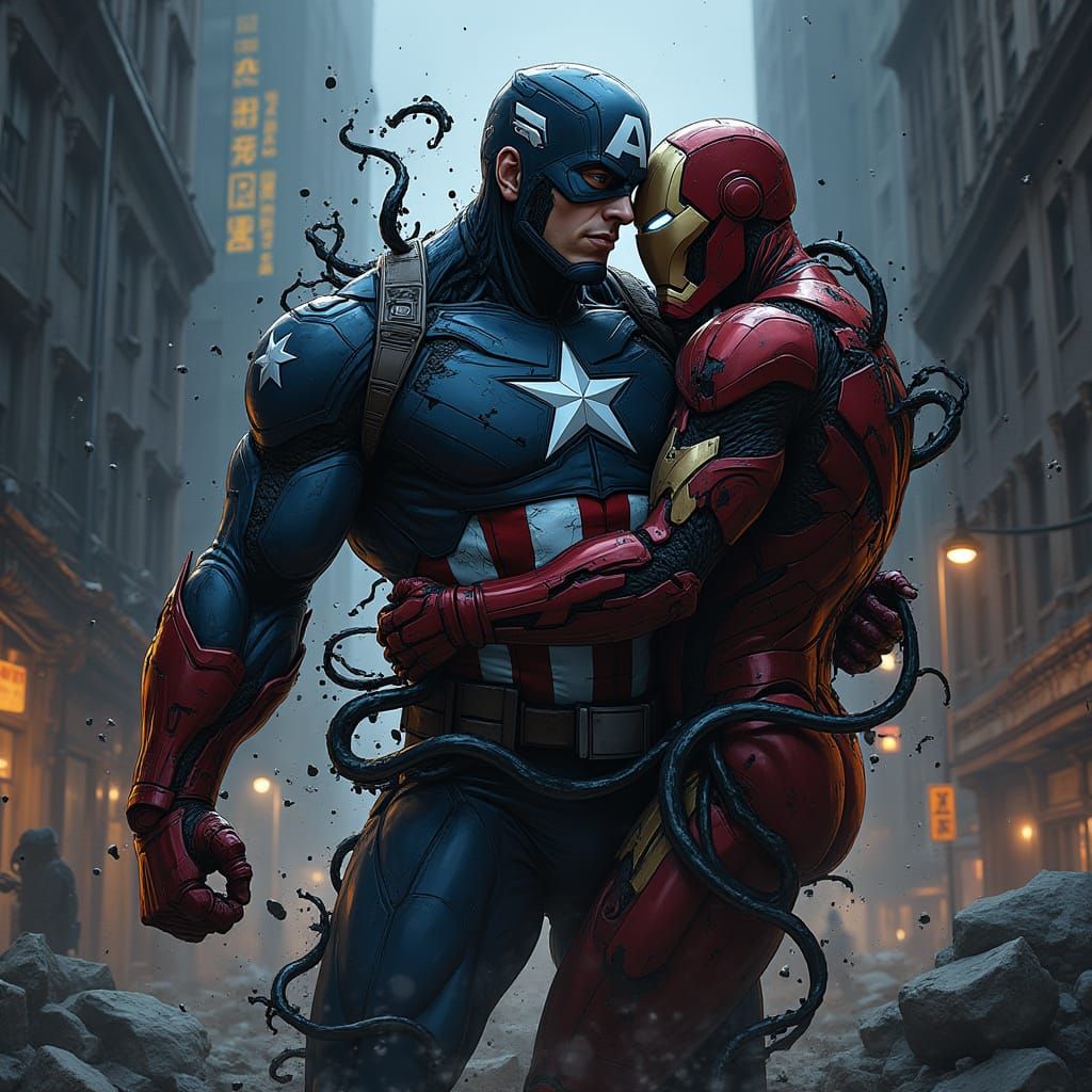 Captain America Consumed by Venom in a Dark Gritty Cityscape