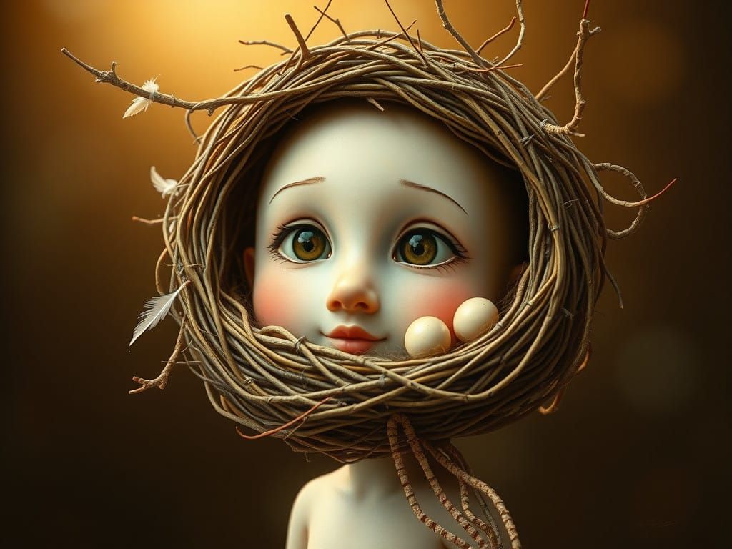 Whimsical Figure in Bird's Nest Headdress