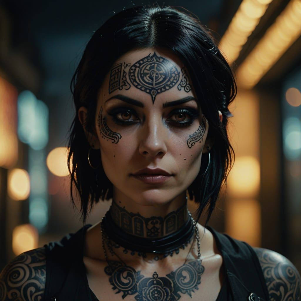 Hyperrealistic Portrait of Goth Female Hacker with Tattoos