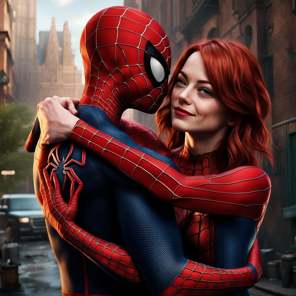 Mary-Jane Watson Embracing Spider-Man: Detailed Matte Painti...