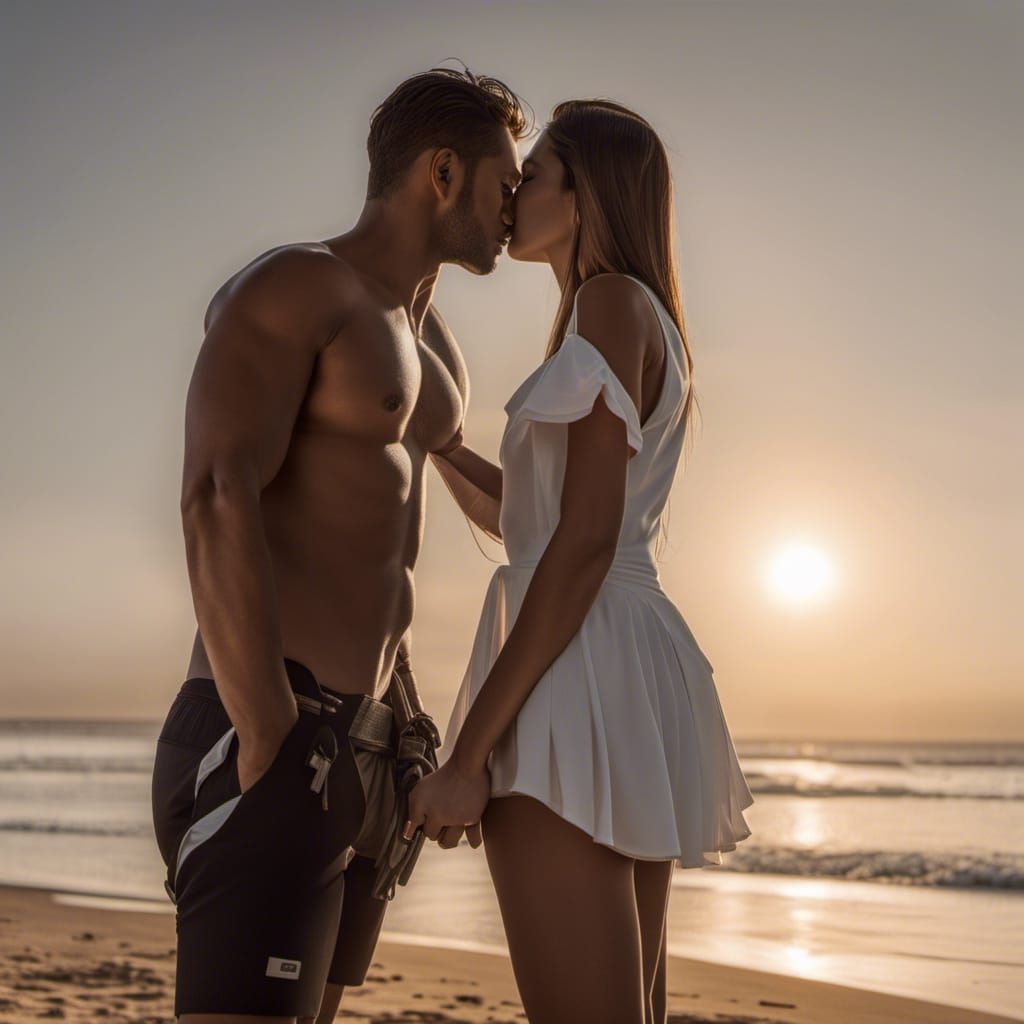 Couple Embracing at Sunset in Hyperrealistic Style
