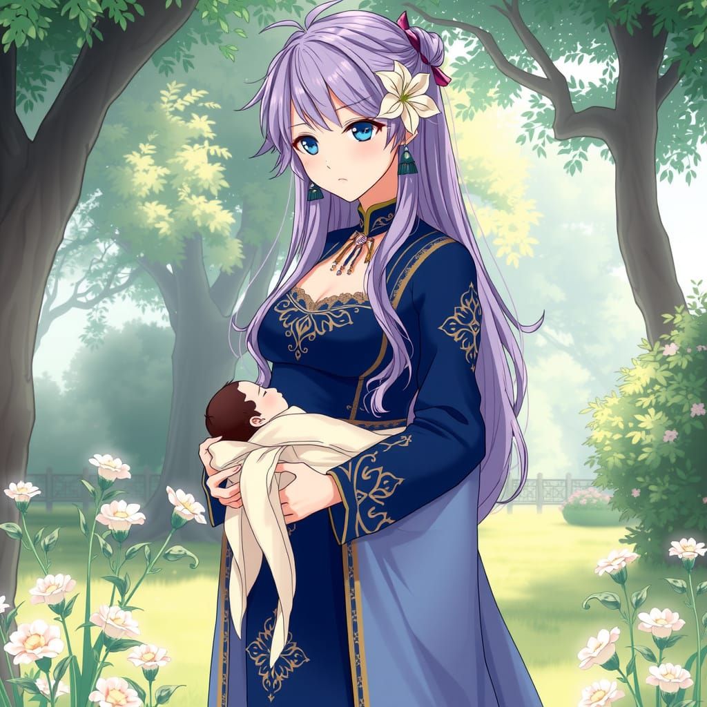Anime Noblewoman with Newborn in Royal Garden