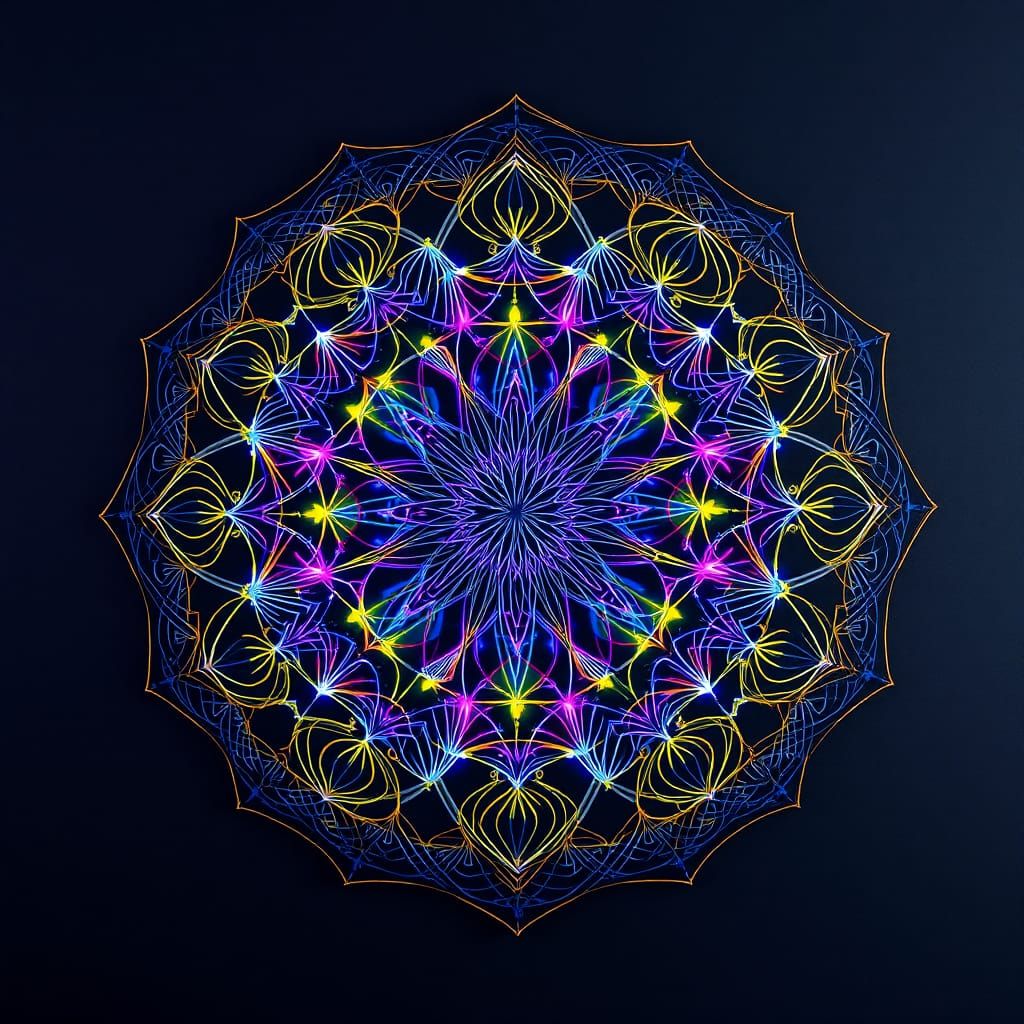 Hypnotic String Art Mandalas in Neon-Futurist Style