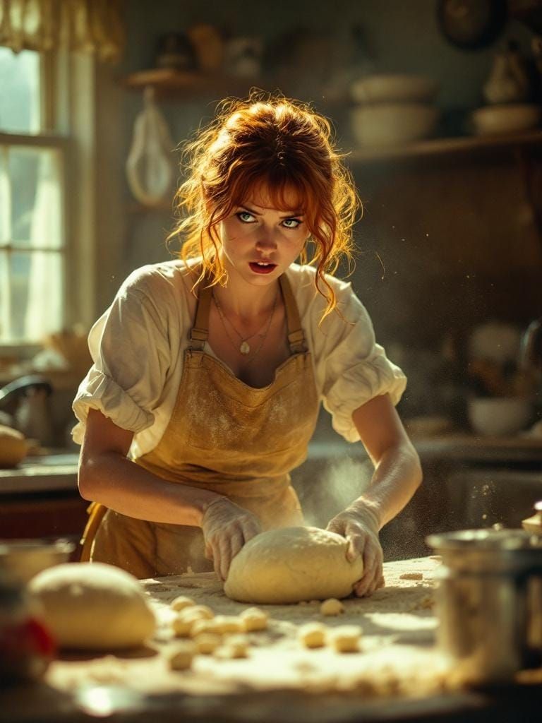 Redhead Baker Kneading Dough in Golden Hour Light