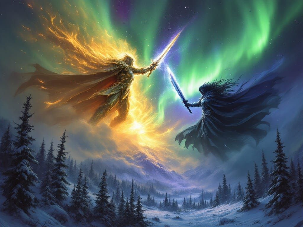 Deities Clash Under Aurora in Frazetta Style