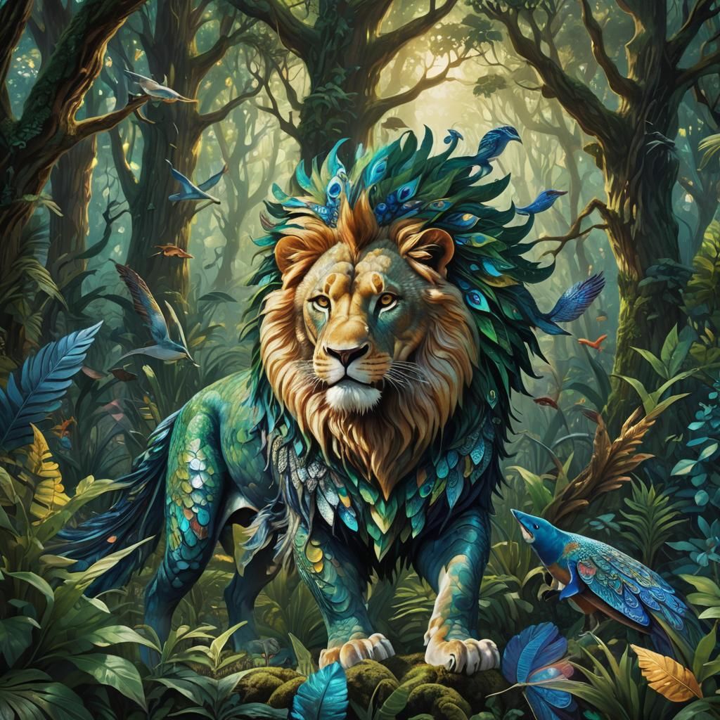 Lion, Peacock, Shark Hybrid in Fantasy Forest