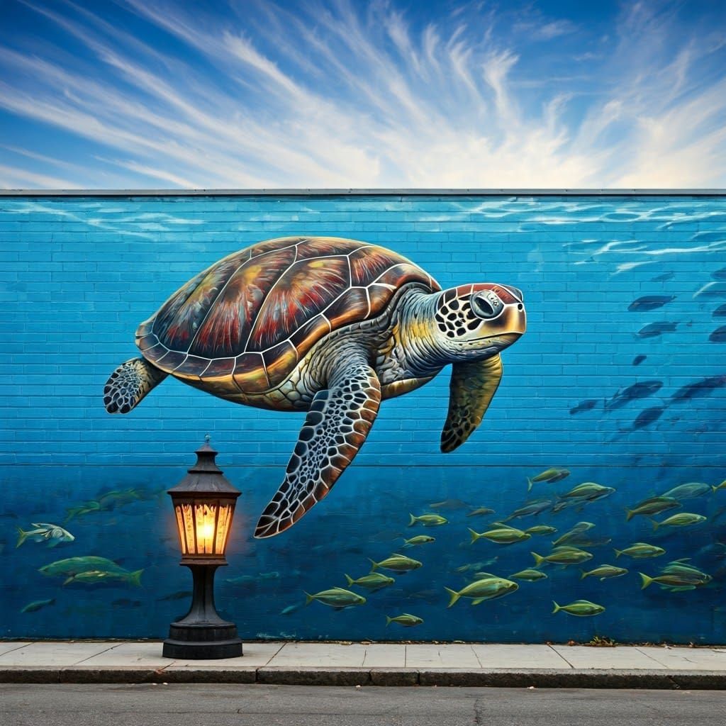Street Art Mural with Turtle and Lantern