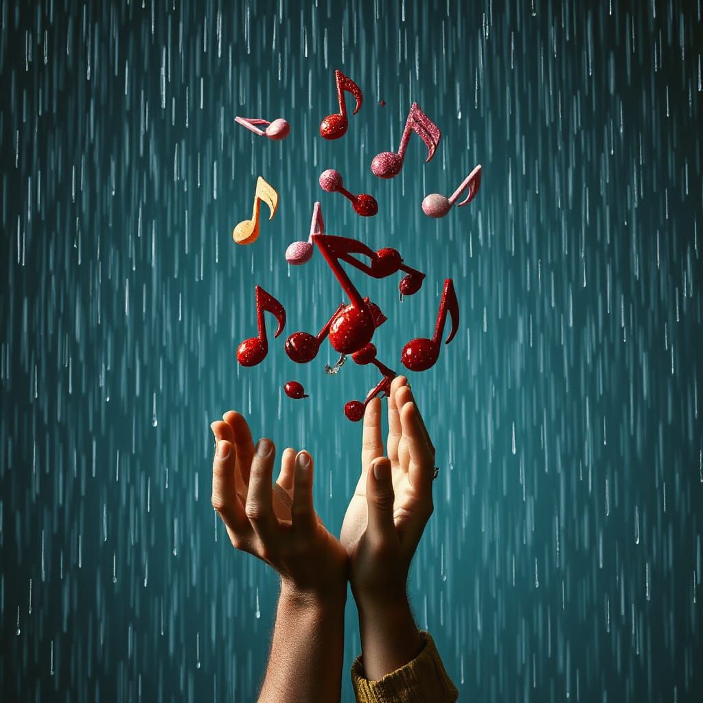 Surreal Hands Throwing Music Notes in Rain