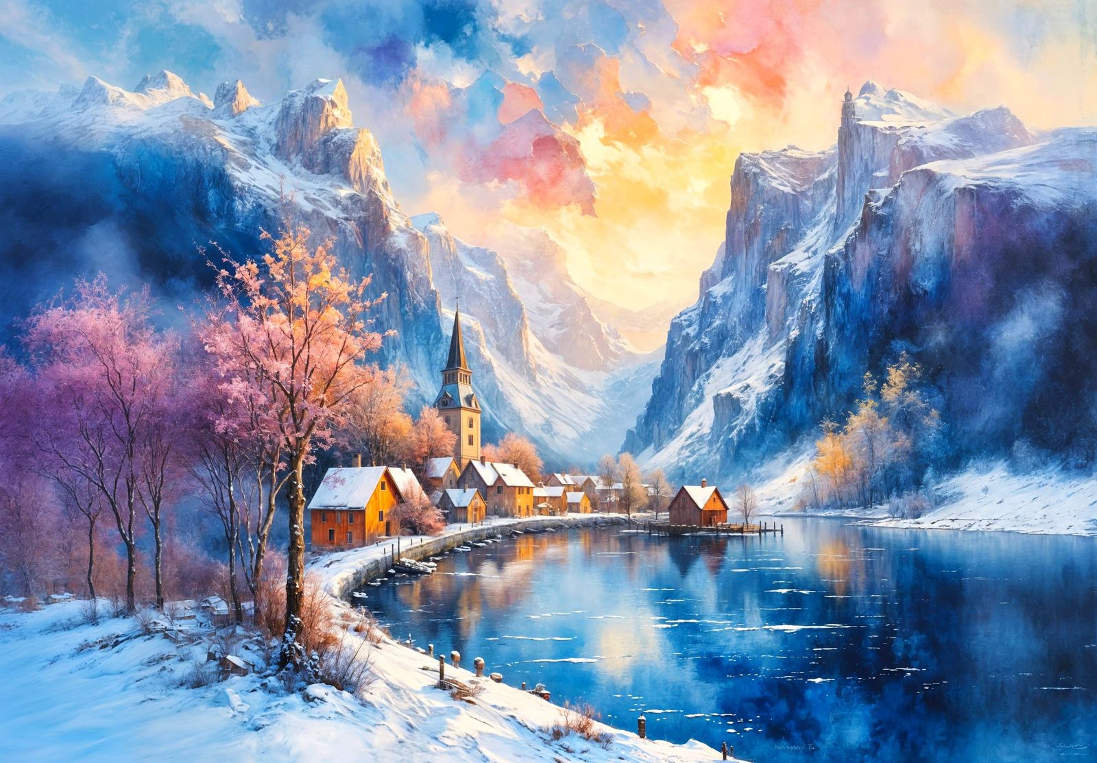 Majestic Snowy Norwegian Hamlet in Evening Light