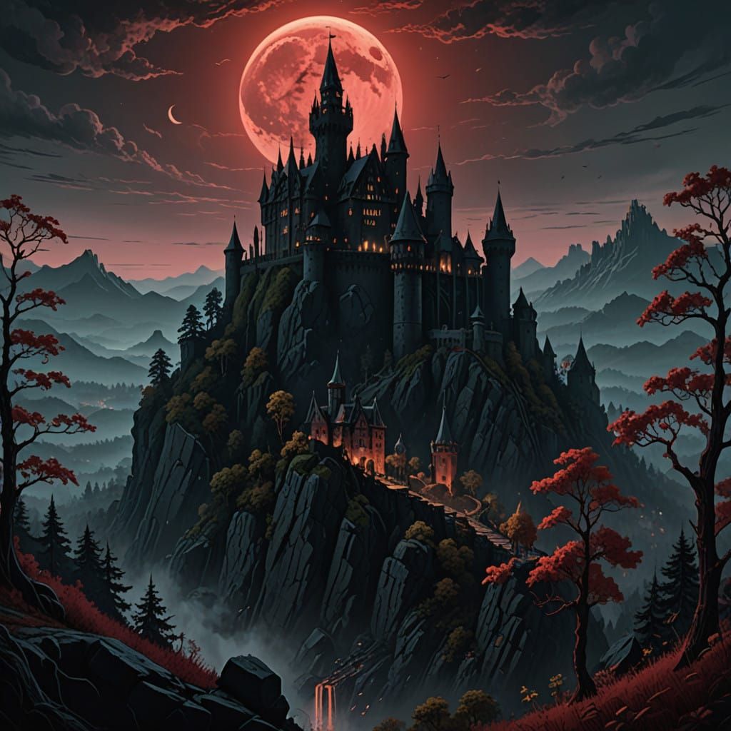 Dark Fantasy Dracula Castle Under Bloody Crescent Moon