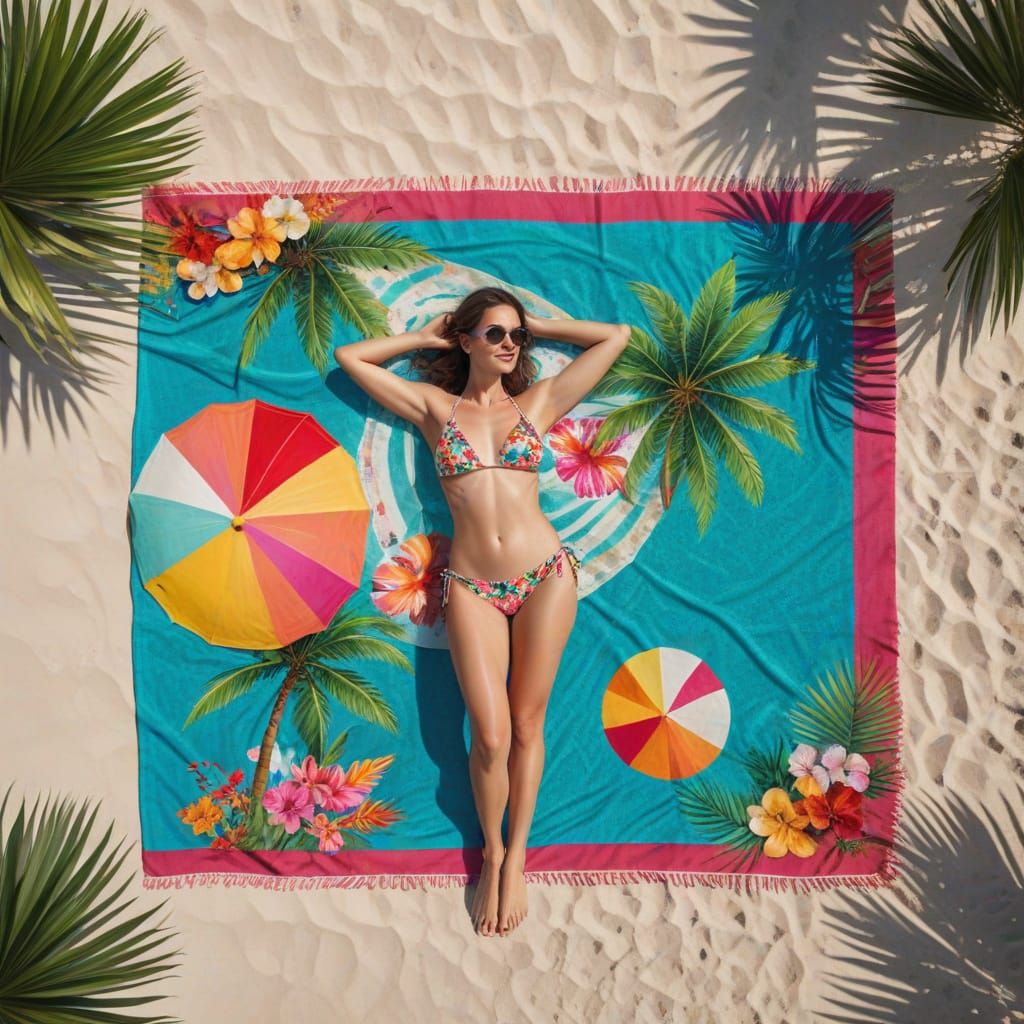 Realistic Woman in Floral Bikini on Tropical Beach