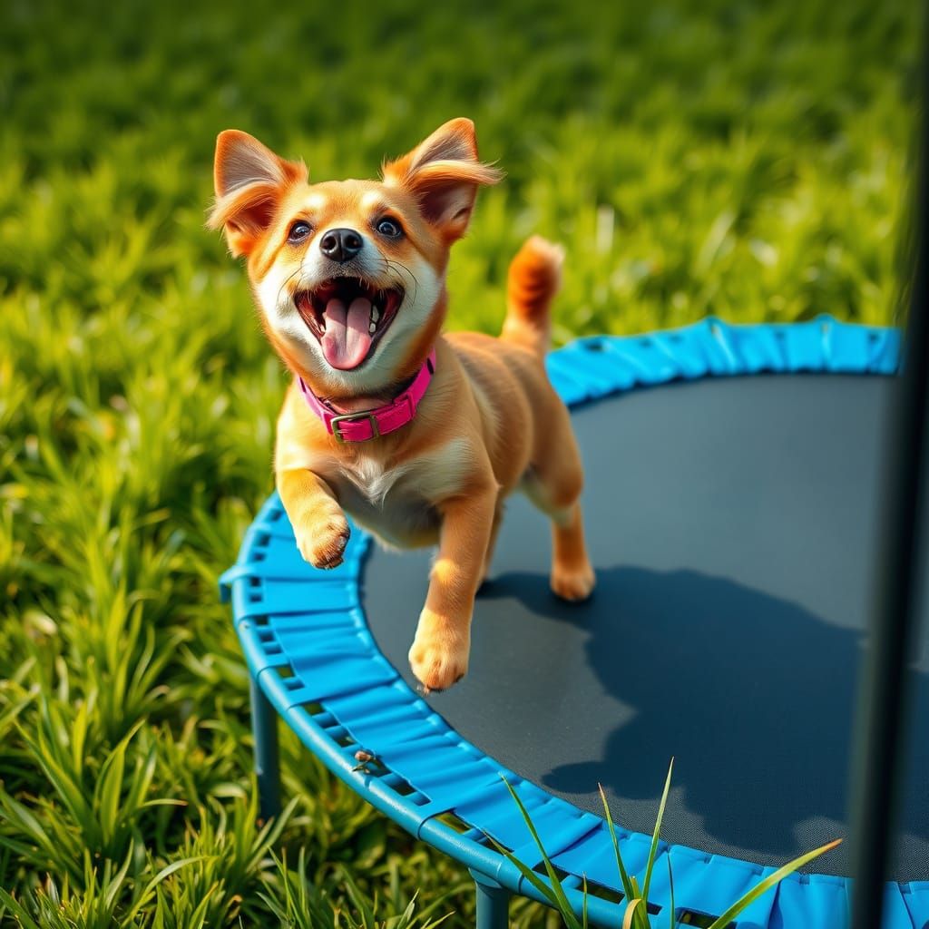 Playful Pup Bounces on a Blue Trampoline
