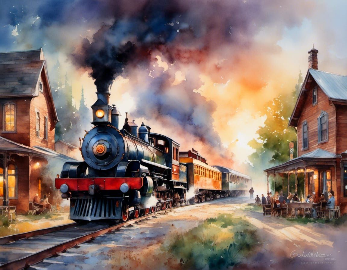 Steam Train Through Old West: Watercolor Painting