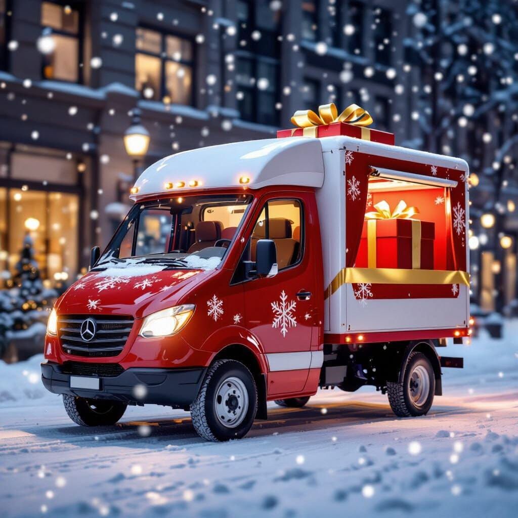Santa's Sleigh Delivery Truck on Snowy Street